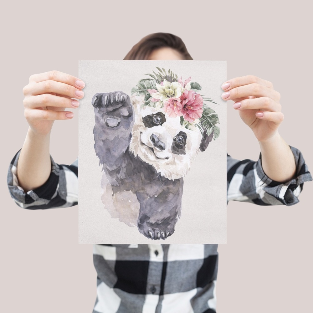 Watercolor Floral Panda Wall Art Illustration Print Poster Card Unframed - Picture 4 of 9